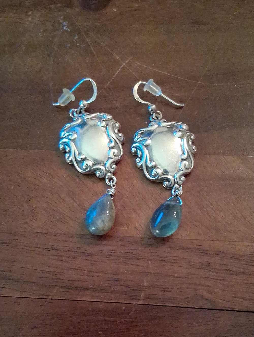 Sterling Silver Scrollwork Earrings with Blue Teardrop Drops 4"Long